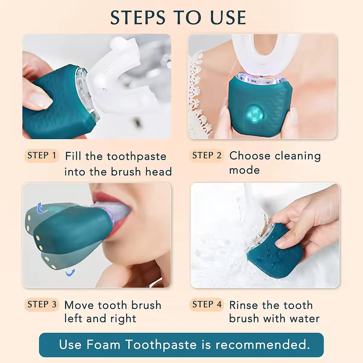 Adult U-Shaped Automatic Toothbrush 360° - Steps To Use